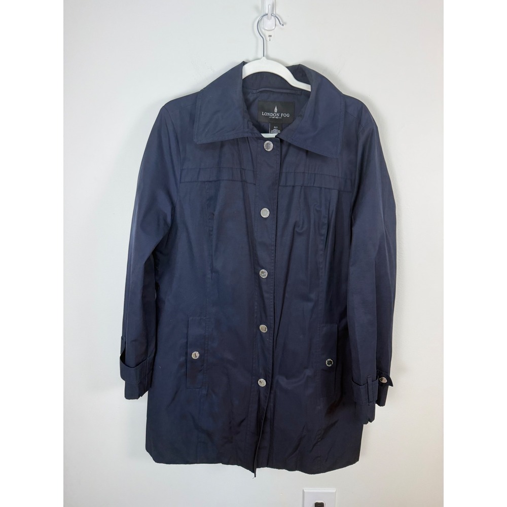 London Fog Womens Navy Blue Hooded Trench Coat Jacket Size L 440643
